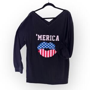 'Merica Patriotic Lips Long Sleeve V-Neck Waffle Knit Ladies Top | Sz XL 165 USA